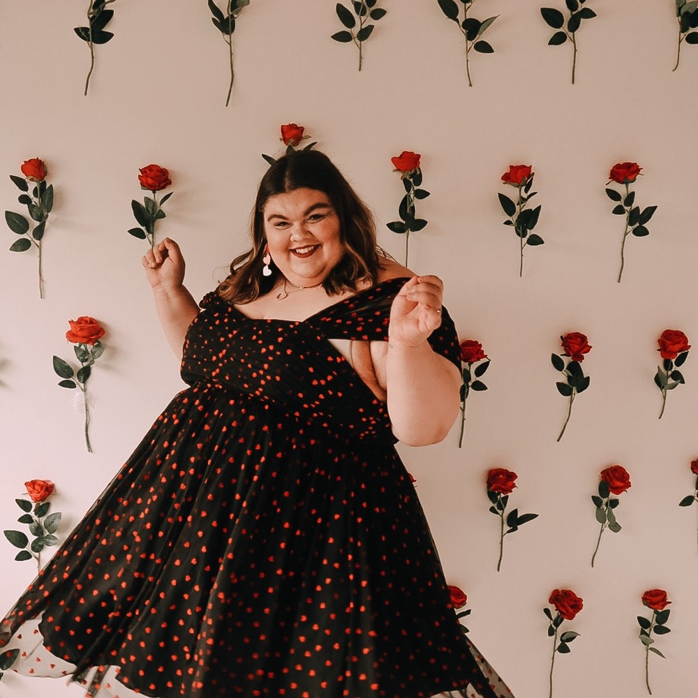 Chic Black Dress with Red Heart Polka Dots